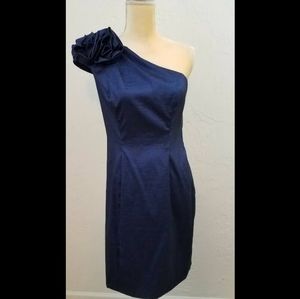 Blue one shoulder ruffle sheath dress